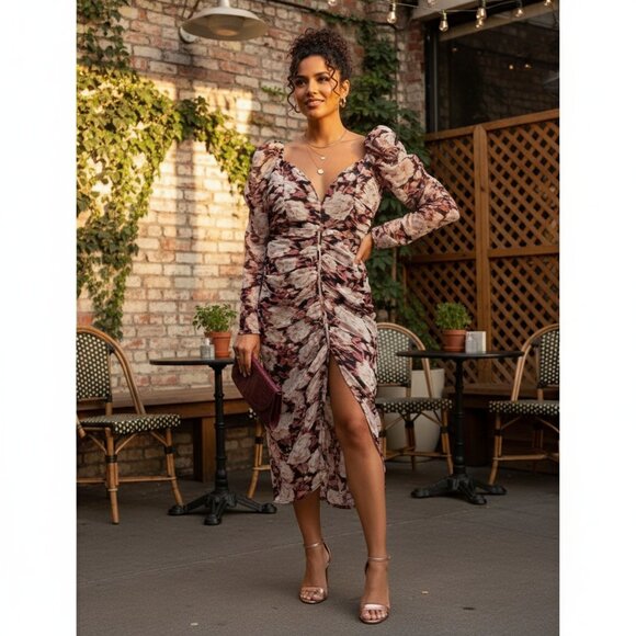ASTR the Label Jamila Long Sleeve Midi Dress Mauve Black Floral Size Small NWT - Picture 1 of 8